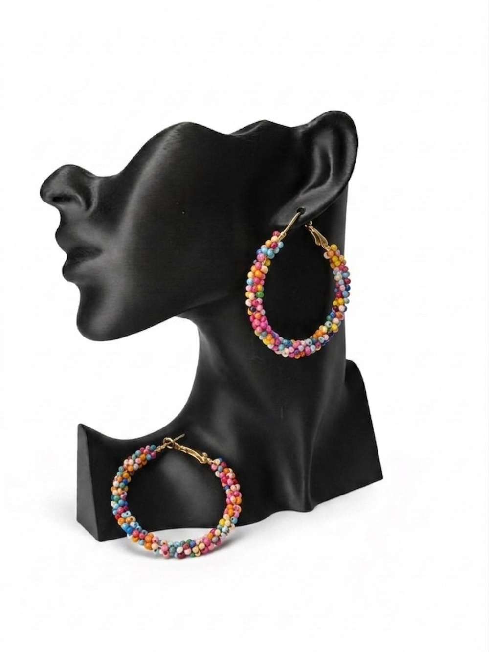 Hand Crafted Multi-Color Seed Bead Hoop Earrings - Picture 2 of 2